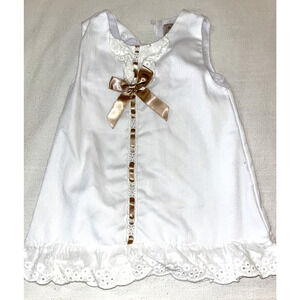 Rorychen White Eyelet Lace Baby Dress Brown Satin Bow Sleeveless Sz 80 12-24 mos